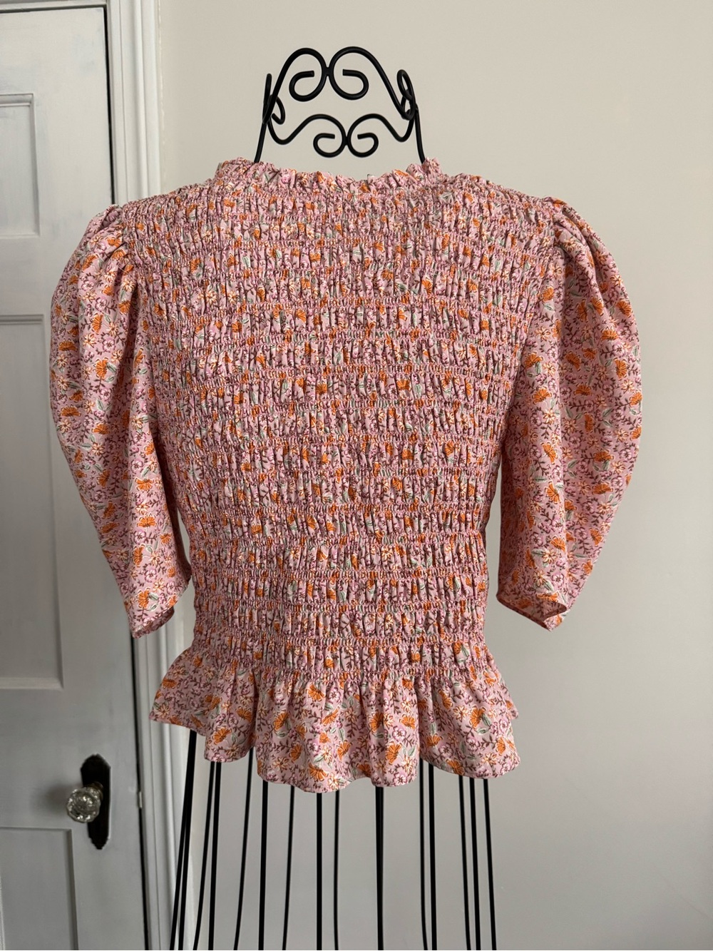 Wayf Pink Floral Smocked Peplum Blouse